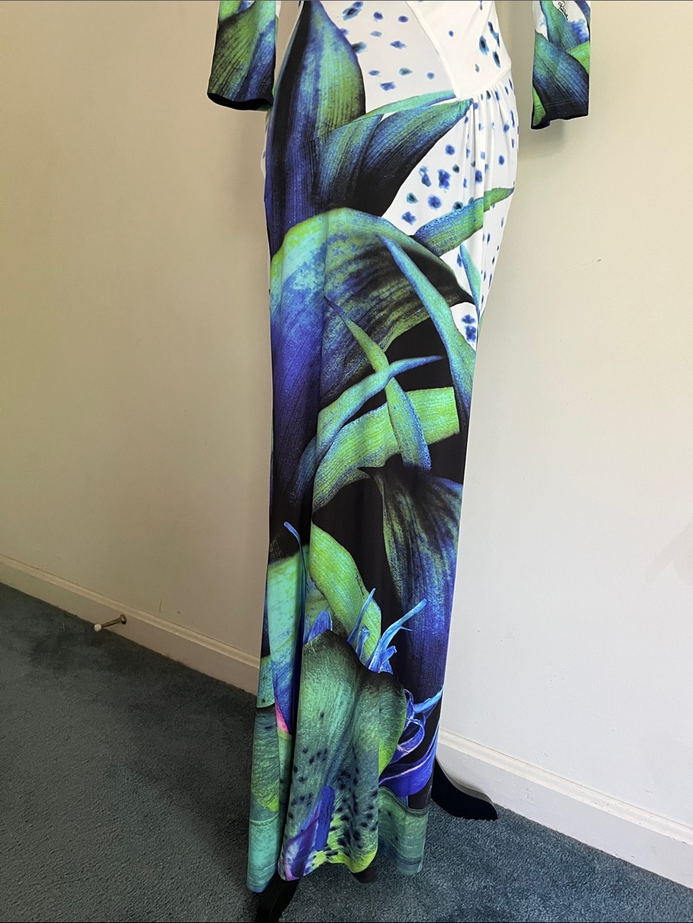 Roberto Cavalli Maxi Dress Tropical Floral Wrap Blue Green and White IT 46 Large - Picture 6 of 13